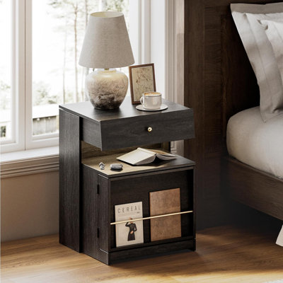 Night Stand With Charging Station, Modern Led Nightstand With Sliding Drawer & Storage Cabinet, Wood Bedside Table End Side Table For Bedroom Small Space,black