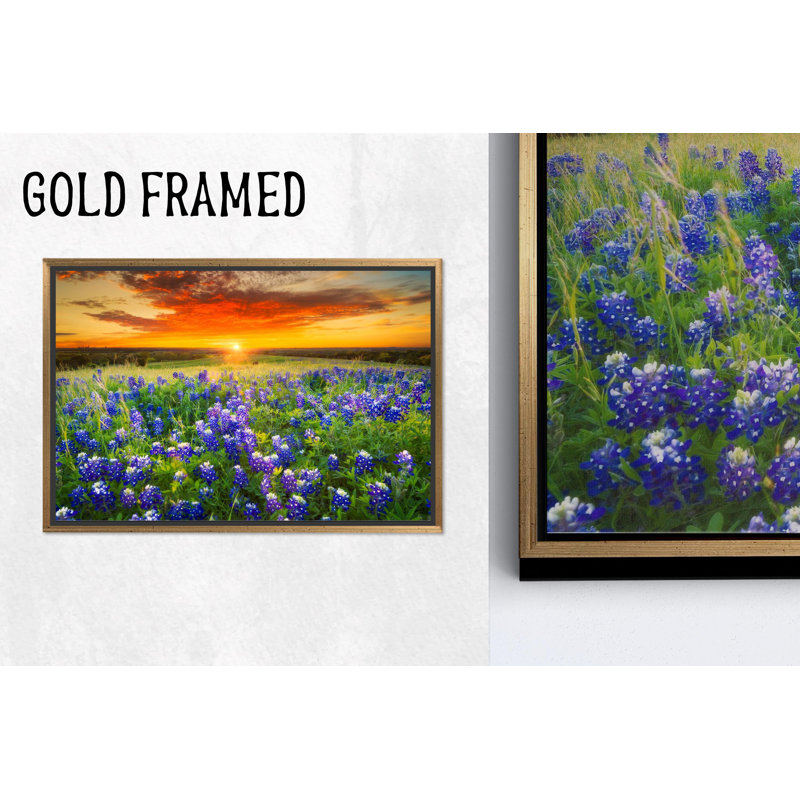 Élégante œuvre d'art sur toile imprimée: Bluebonnet Field Landscape, 1P GoldFramedCanves, H : 47,3 x L : 67 pouces