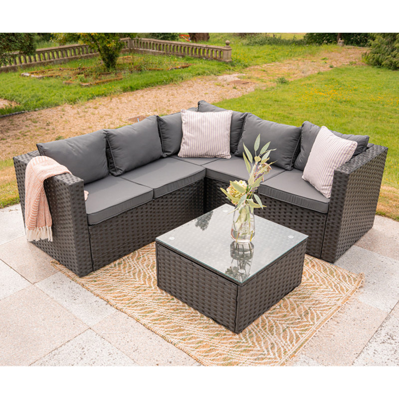 Deeanna 182 cm W L-Shaped Powder Coated Steel Patio Corner Sofa with Cushions, Black