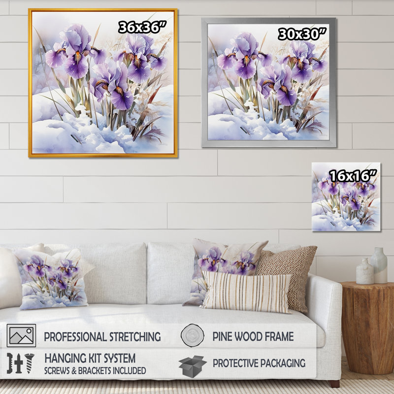«Mauve iris charme en hiver I» sur toile, Cadre simple argenté, H 16 po x l 16 po x P 1 po