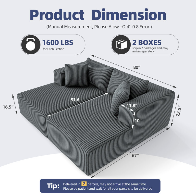 Boneless 80.3" Oversized Double Lounge Chaise, Boneless Lounge Sofa Bed With 4 Pillows Cloud Loveseat Sleeper Couch For Indoor Living Room