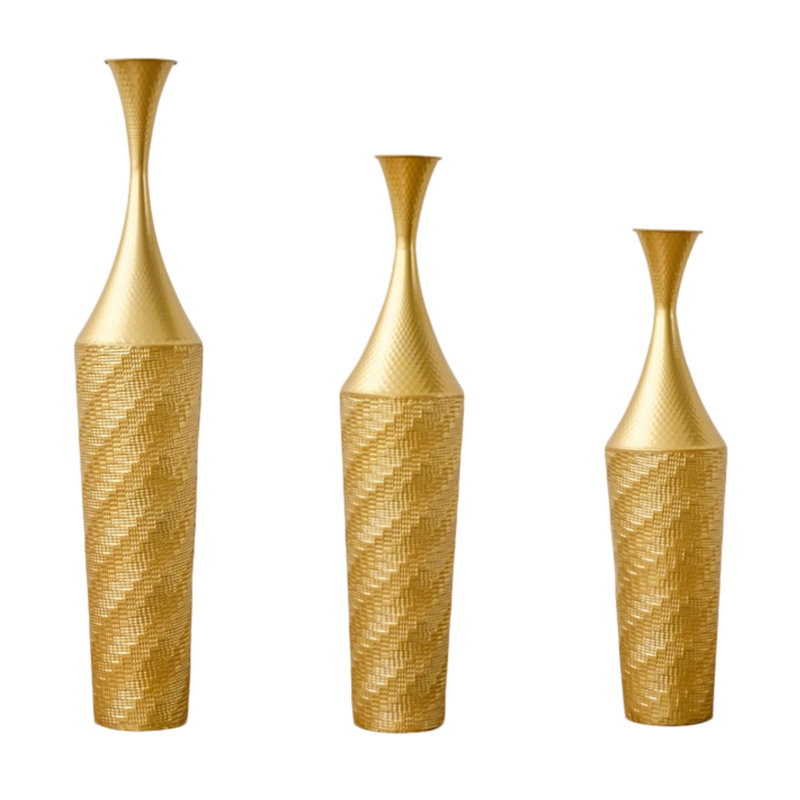 Ensemble de 3 vases de sol en fer doré, hauteur 68-89 cm, métal texturé, décoration intérieure