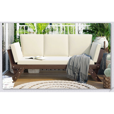 Outdoor Adjustable Patio Wooden Daybed Sofa Chaise Lounge with Comfortable Cushions for Small Spaces