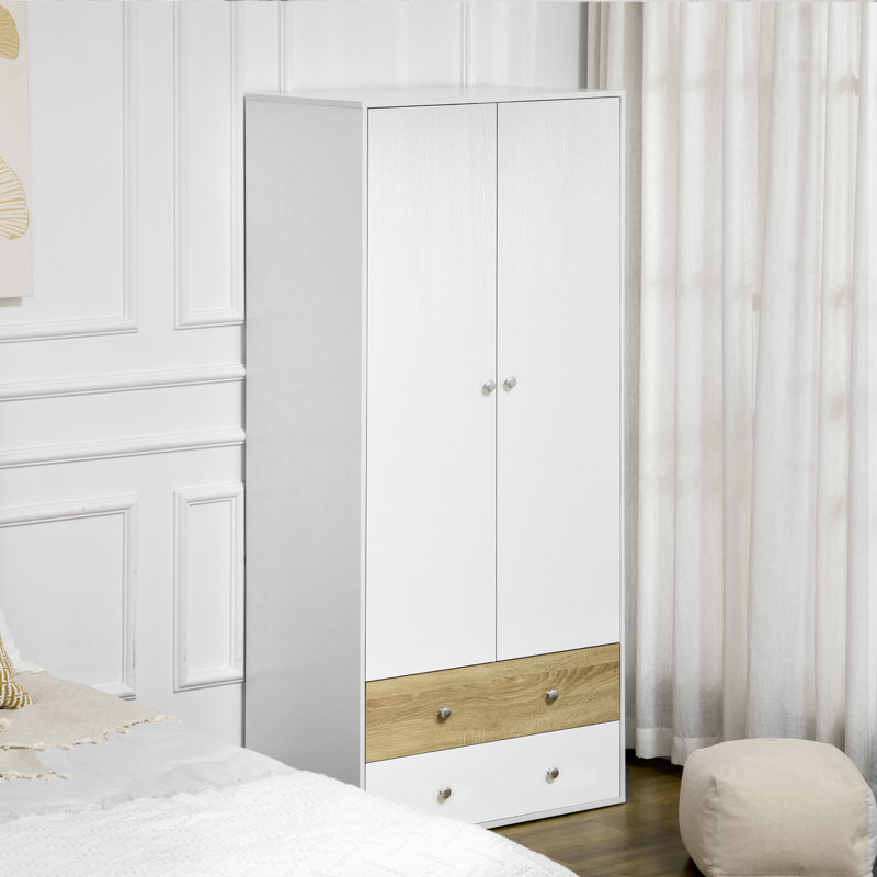 Karalin 2 Door Wardrobe White Wardrobe with Drawers and Hanging Rod for Bedroom