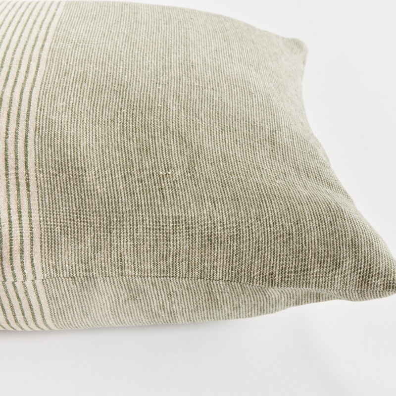 Jules European Flax Fiber Pillow Cover & Insert, Rectangle 14" H x 20" W, Knife Edge, Green/Ivory/Pinstripe