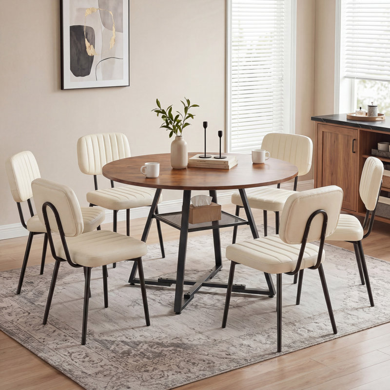 Industrial 42" Round Dining Table Set With Upholstered Chairs, 7 Pieces: Table, 6 Chairs, Rust Brown, Blanc