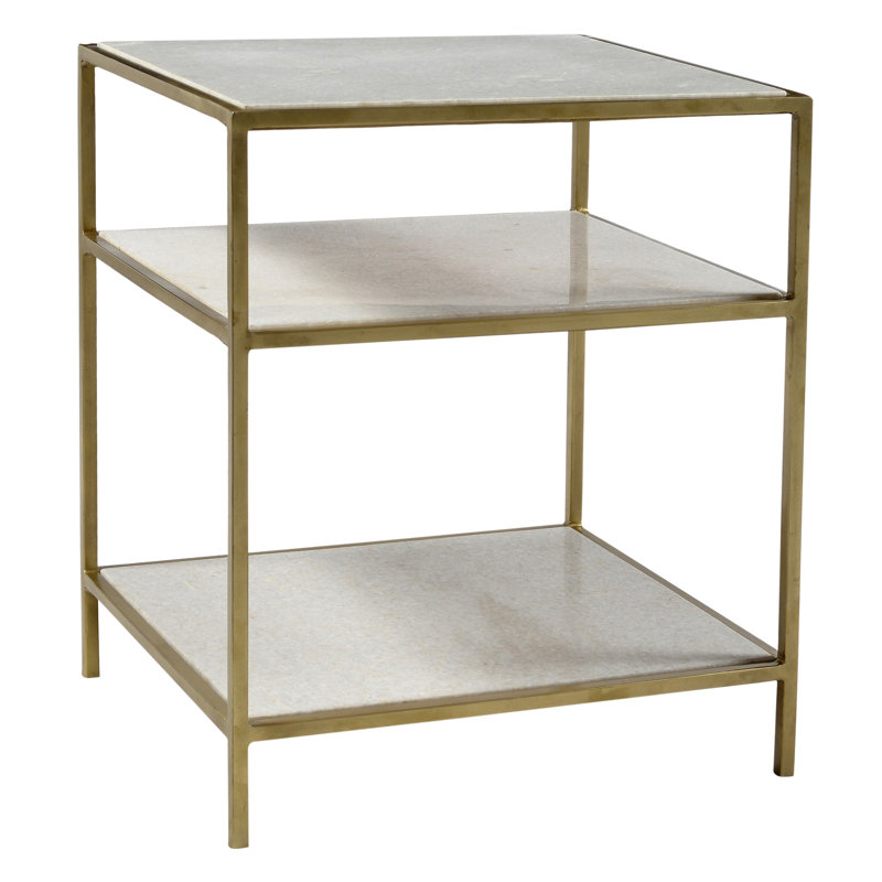 Higgins 2-Tier Marble Sidetable w/ Iron Frame, White and Brass