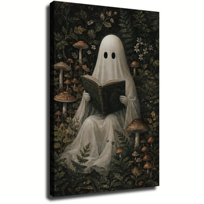 Tableau sur toile, adorable fantôme lisant un vieux livre parmi des champignons forestiers, peinture vintage, décoration murale sur toile de style cottagecore sombre pour l'Halloween