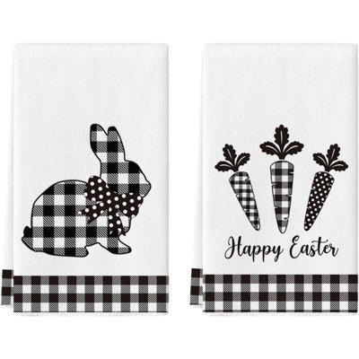 Buffalo Plaid Rabbit Bunny Carrots Happy Easter Kitchen Dish Towels, Seasonal Spring Decoration Hand Towels Set Of 2