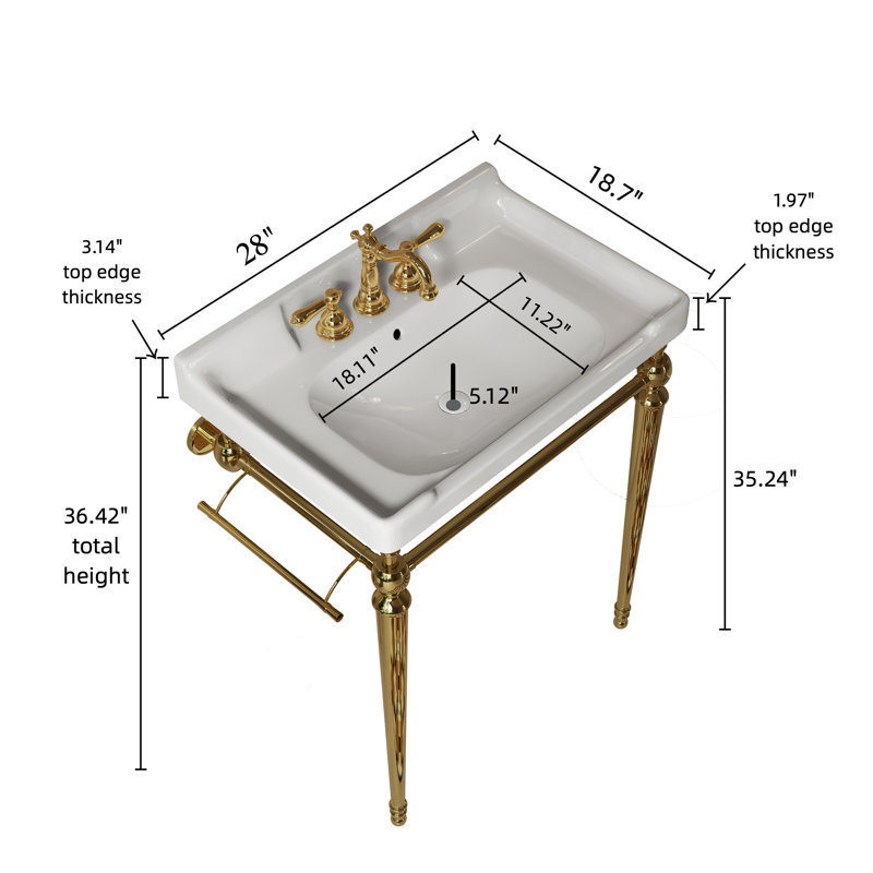 28" Retro Modern Ceramic Console Bathroom Vanity with Metal Stand, White, Gold, 28"