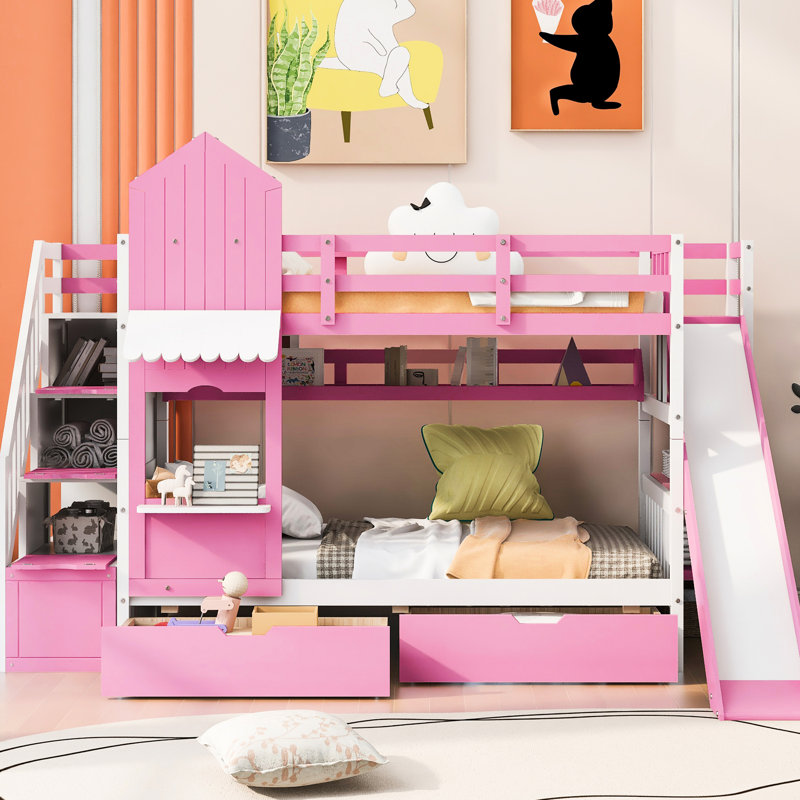 Lit superposé Twintwin rose avec 2 tiroirs, 3 tablettes et glissière, Lit simple, Rose