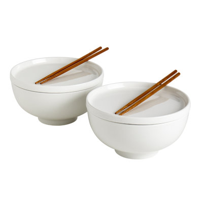 INFUSE Asian 8-Piece Smooth White Ceramic Ramen Bowl Set with Lid/Trivet and Chopsticks