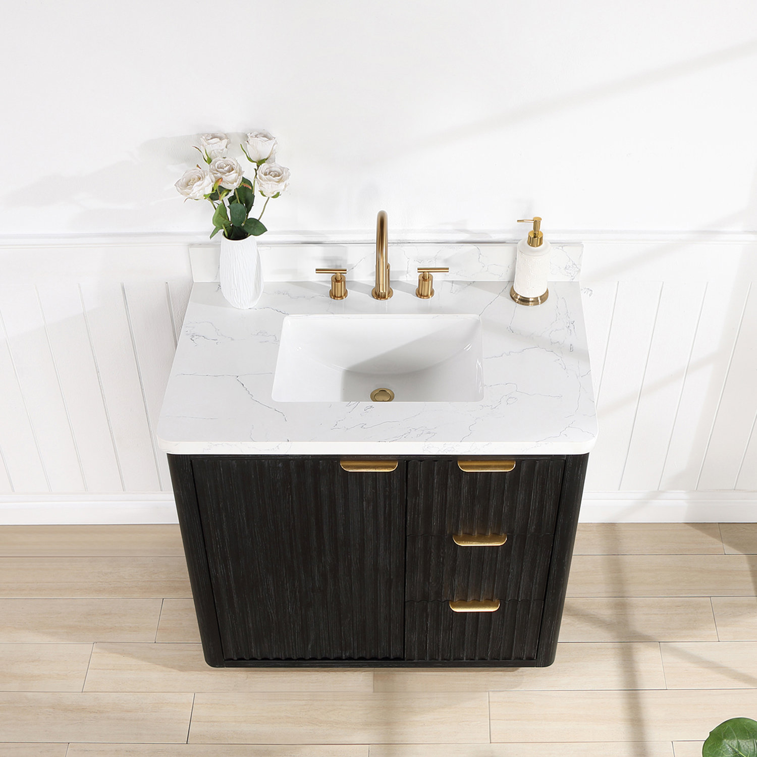 Adela 36'' Single Bathroom Vanity, Black, White, Gold