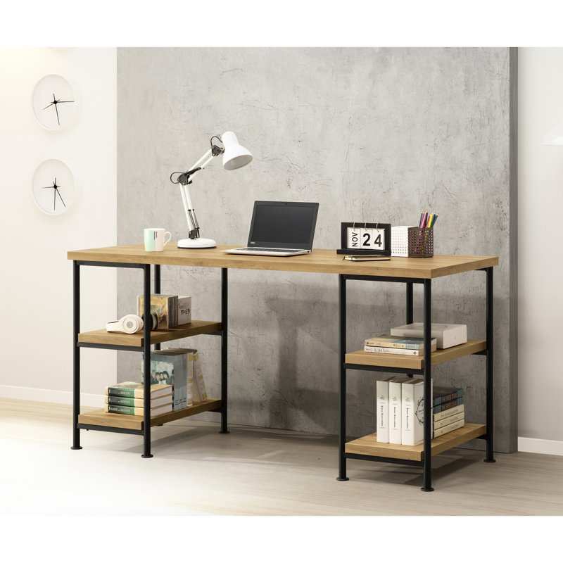 Bureau Golden Oak: décorations en métal, rangement à 4 tablettes, bureau de salon peu encombrant avec rangement et accents - poste de travail