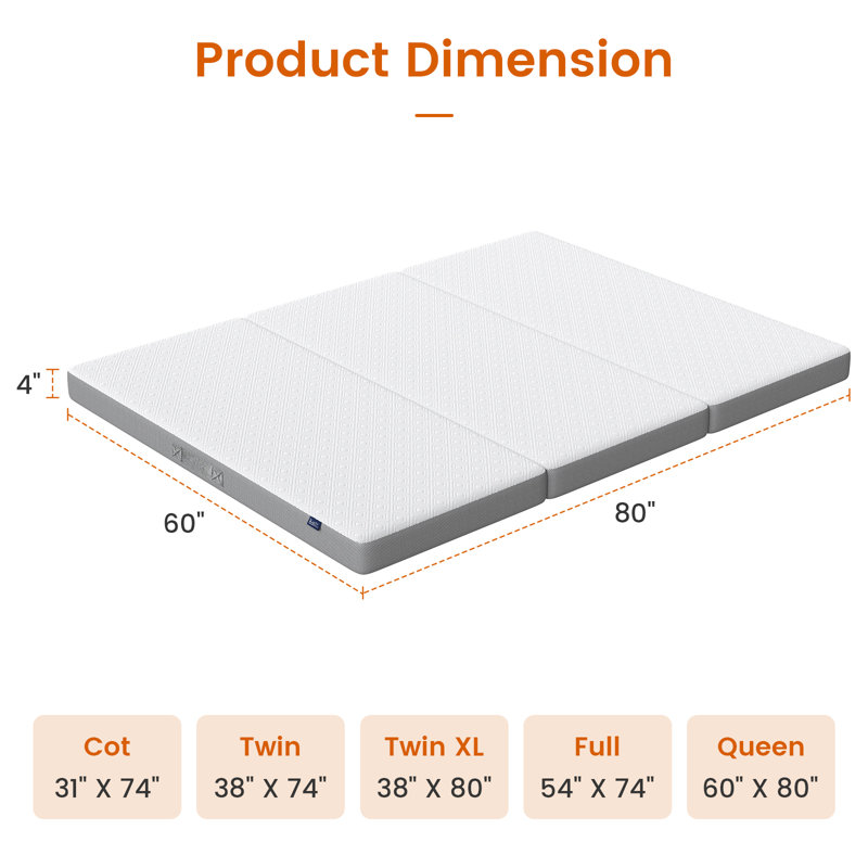 Matelas en mousse ferme pliable 4 po / 6 po avec housse lavable et sac de transport, Grand lit, 4"