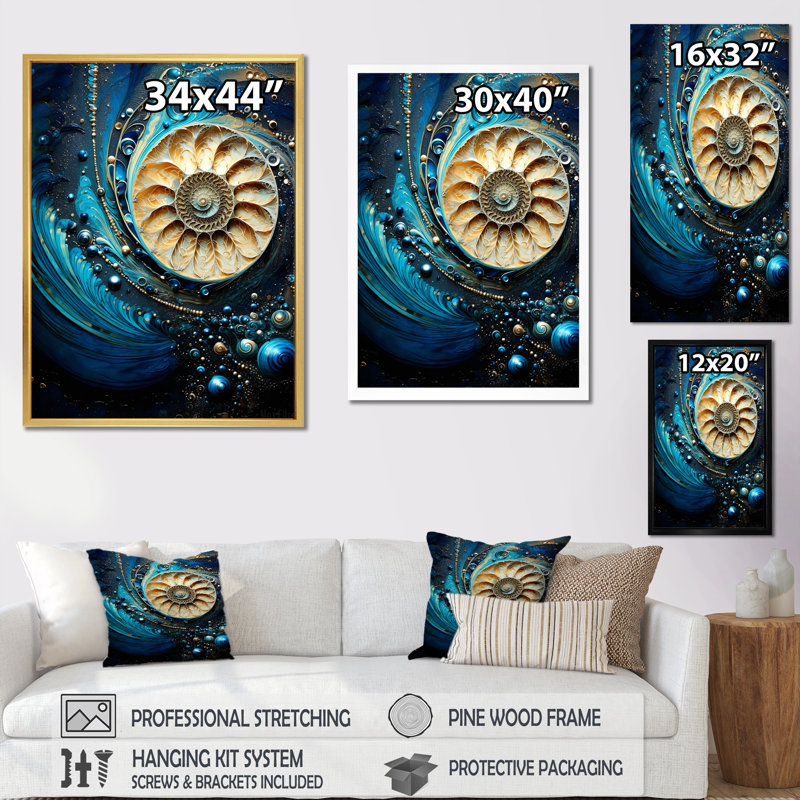 Nautilus, saphir, coquillages I sur toile, Toile tendue, H 32 po x l 24 po x P 1 po