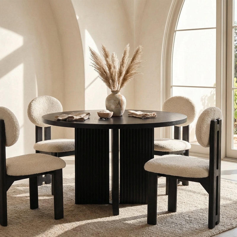 47.2" Mid-Century Modern Round Dining Table with Fluted 4 Legs Base, Black Wood Texture, Black