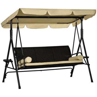 Outdoor 3 - Seat Swing Chair With Canopy, Removable Cushion, And Adjustable Sunshade For Porch, Garden, Poolside, Backyard 704 Lbs Weight, 52" Seat, 45 Canopy Angle, Cup Holders, Trays, Pe , Steel