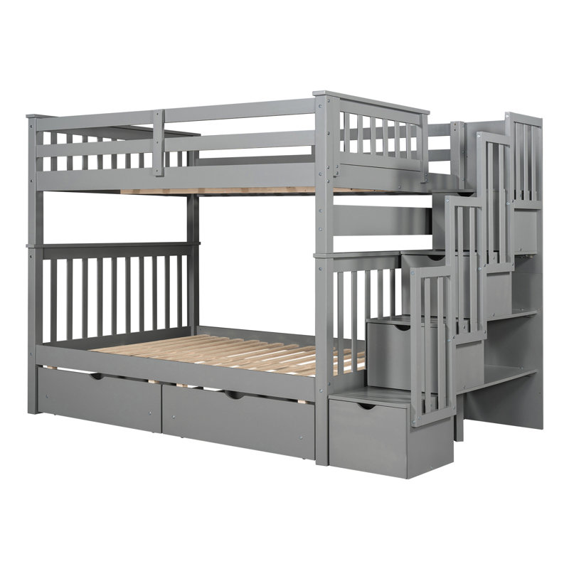 Lit superposé double au-dessus, 6 tiroirs de rangement, escalier à quatre marches pour monter en toute sécurité, accès aux pieds en bois de pin, résistance des pieds