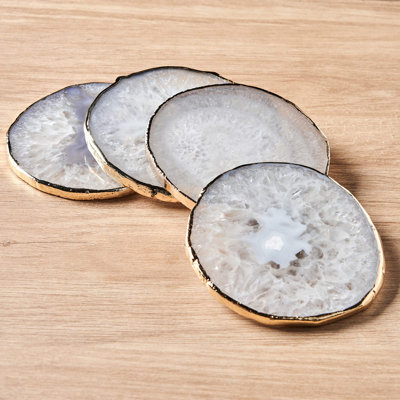 White Agate Coasters With Gold Edge 3.5-4"" - Set Of 4 For Drinks, Coffee Table - Crystal Gemstone Natural Stone Slices Cup Mat For Home Decor -  tangmaikeji, BDB09Q5ZLF32