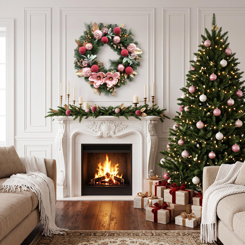 Couronne de Noël pré-illuminée de 61 cm (24 po) avec fleurs de magnolia roses et boules décoratives électroplaquées