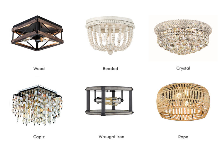 image collage showing the six main materials and styles of flush mount lighting including, wood, beaded, crystal, capiz, wrought iron, and rope