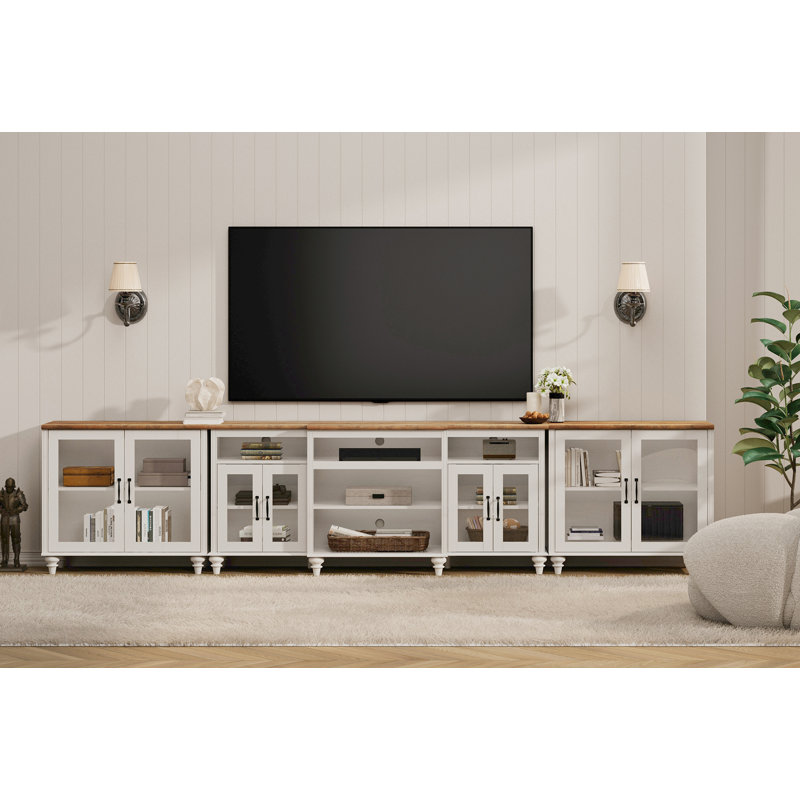 TV Stand, Home Entertainment Center, Entertainment Center With Storage Cabinet, Large TV Console With 4 Glass Doors, White