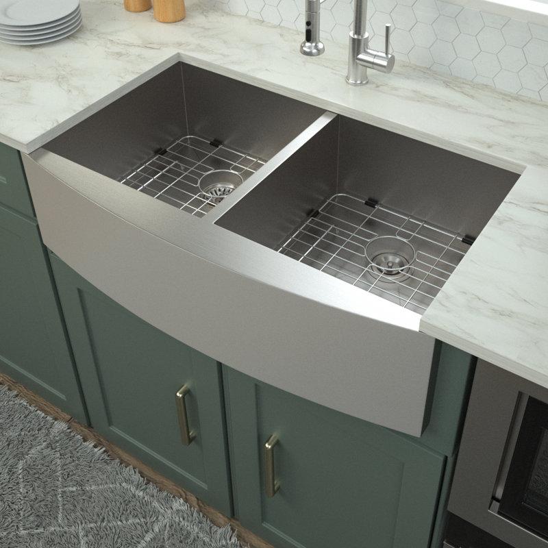 33'' L x 20'' W Farmhouse Stainless Steel 50/50 Double Bowl Kitchen Sink with Sink Grid and Stariner