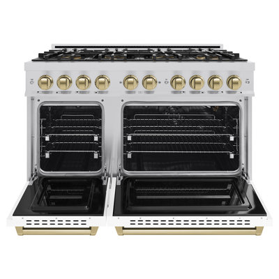 Cuisinière à gaz ZLINE Autograph 48 po avec 8 brûleurs DuoPro et portes blanches avec accents bronze