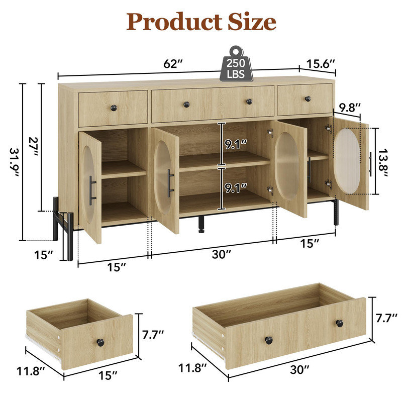 Buffet 62 "- 3 tiroirs, 4 portes en verre cannelé, noir estampé, Brown