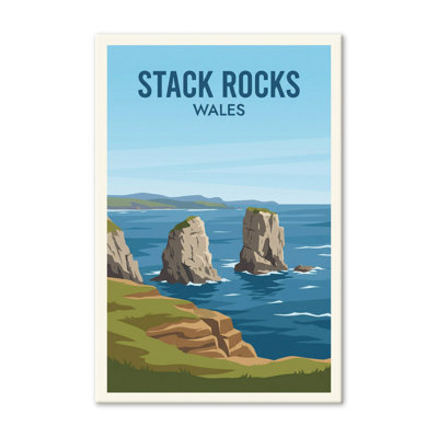 Stack Rocks, Wales - Pembrokeshire Sea Stacks Travel Poster | Coastal Romance And Adventure. Giclee Print On Wrapped Canvas. Wall Art, Home Decor - Natural Landmarks, Wales - Wrapped Canvas Print