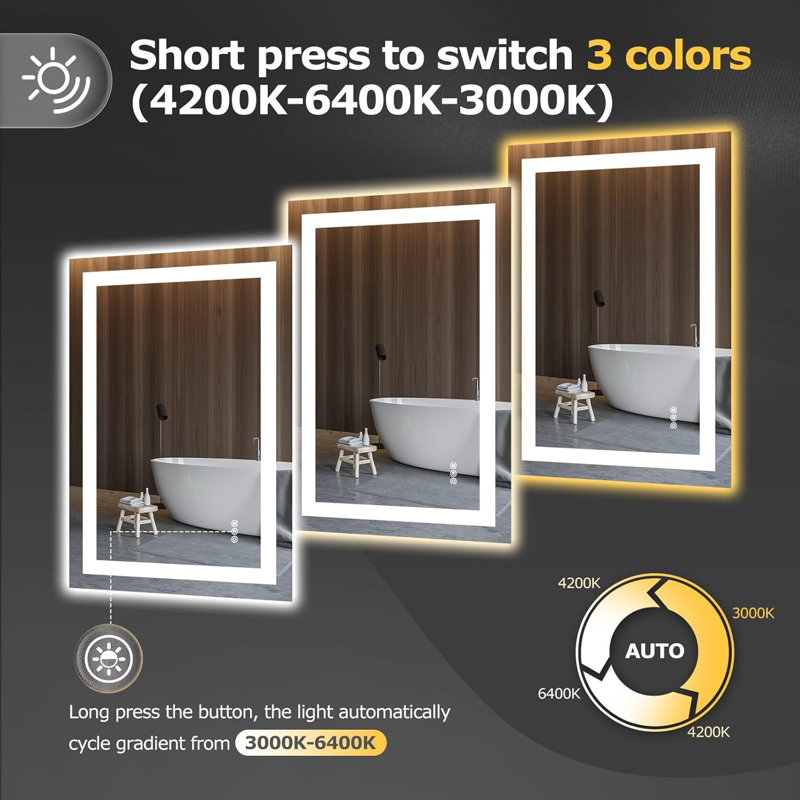 LED Bathroom Mirror With Lights Wall Vanity LED Mirror Stepless Dimmable,Dual Front Lights And Backlight,Anti-Fog,Bathroom Memory Smart Mirror