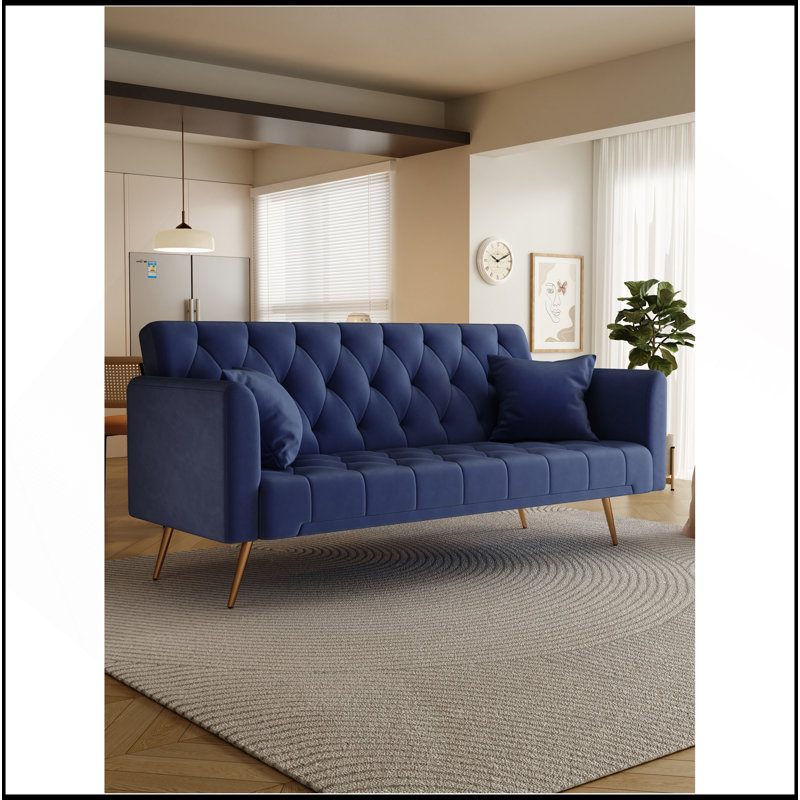 71-inch convertible love seat sofa, American retro blue velvet material, suitable for small living room, bedroom, office