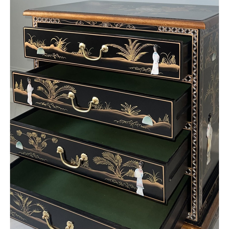 Oriental Mother of Pearl Hand Painted Chest of  Drawers