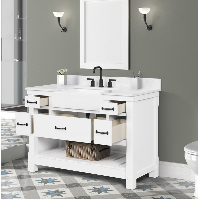 Dilkhush 48" Single Bathroom Vanity with Carrara Engineered Stone/Natural Marble Top, Sink & Backsplash, Dove White, Pre-Assembled