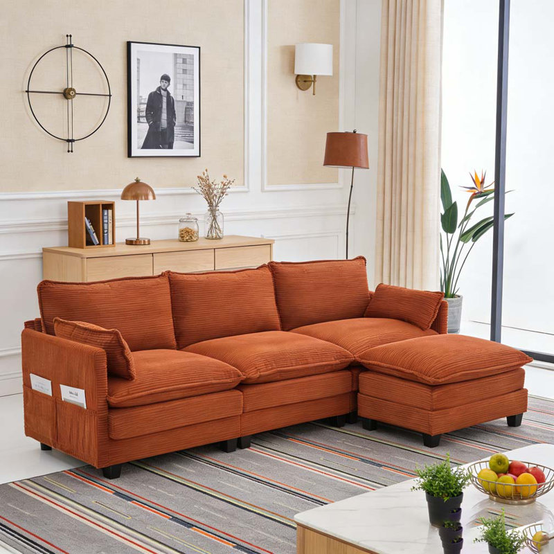 Oversized Modular Sectional Sofa with Movable Ottoman, Orange