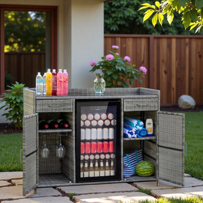 Outdoor Wicker Storage Cabinet With Black Tempered Glass Desktop, Fridge Space, 2 Glass Bottle Holders, 2 Large Drawers And Adjustable Shelves