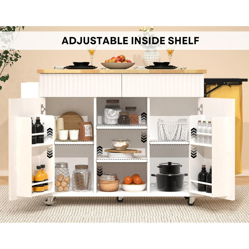 Kitchen Island With Storage, Rolling Kitchen Island On Wheel With Drop Leaf, Foldable Trash Bag, White