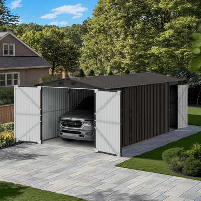 Sunjoy Outdoor Storage Shed 10 x 20 ft. Carport, Patio Metal Utility Large Storage Shed Garage with 2 Doors and 4 Vents, for Car, Truck, Bike, Garbage Can, Tool, Lawnmower