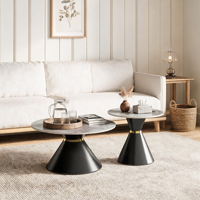 Ensemble de 2 tables basses rondes gigognes, Noir + or