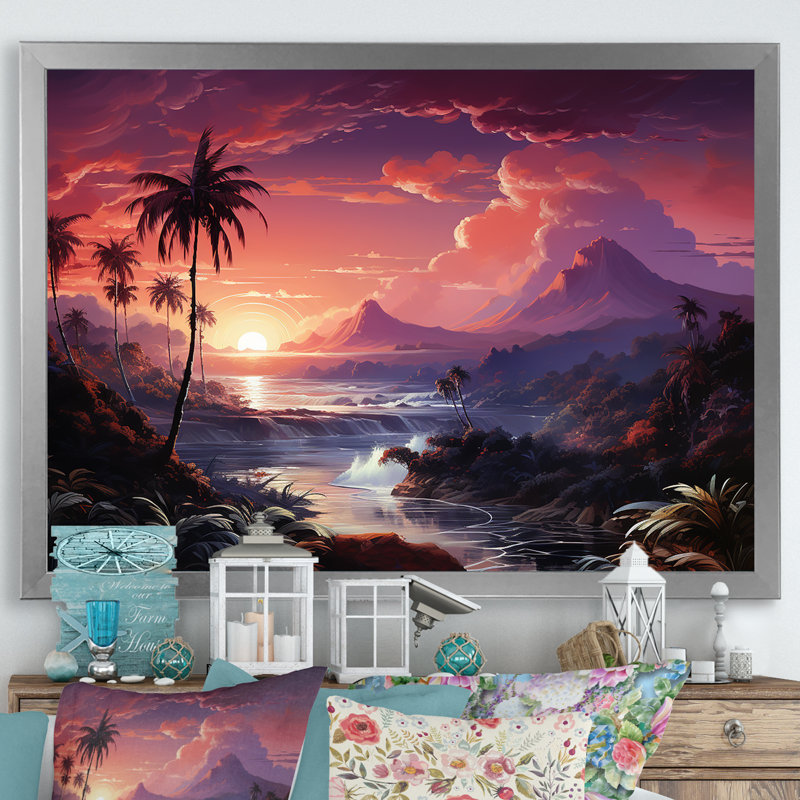 «Abstract Hawaii Palm Tree Sunset I», reproduction sur toile, Cadre photo argenté, H 24 po x l 32 po x P 1 po