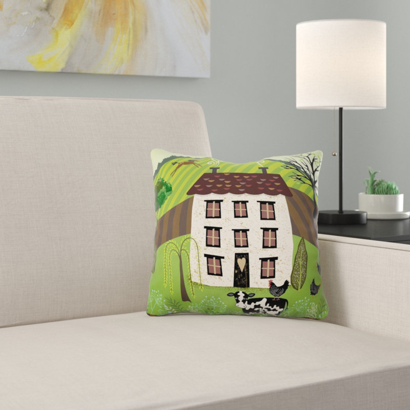 Coussin intérieur/extérieur folk art country house, 14 po x 14 po