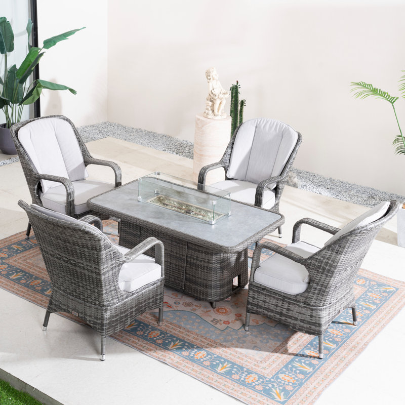 4-Person Wicker Patio Dining Set With Cushions And Adjustable Fire Pit Table, Gray Cushion/Gray Frame