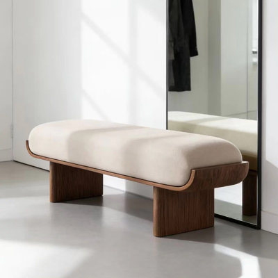 Beige Solid Wood Upholstered Bench