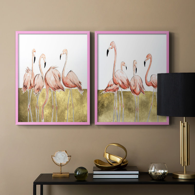 «Flamingo Flock I», reproduction encadrée de qualité supérieure - prête à être accrochée - aucun clou requis - aucun clou requis