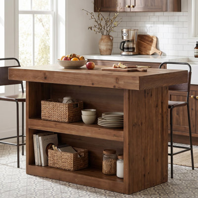 Îlot de cuisine en bois massif 55,12 po avec rangement à 2 niveaux, table de préparation rustique avec espace pour les jambes, comptoir de bar pour la petite cuisine