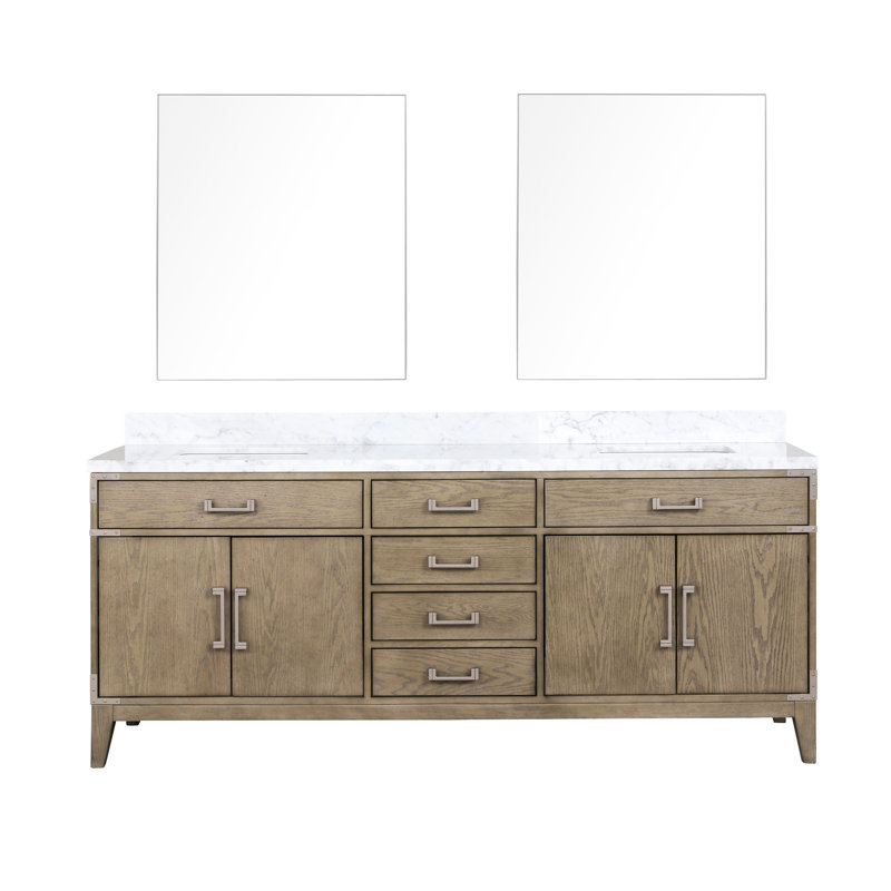 Meuble-lavabo double en chêne gris 80 po L 22 po, plateau en marbre, tablette de rangement ouverte abondante
