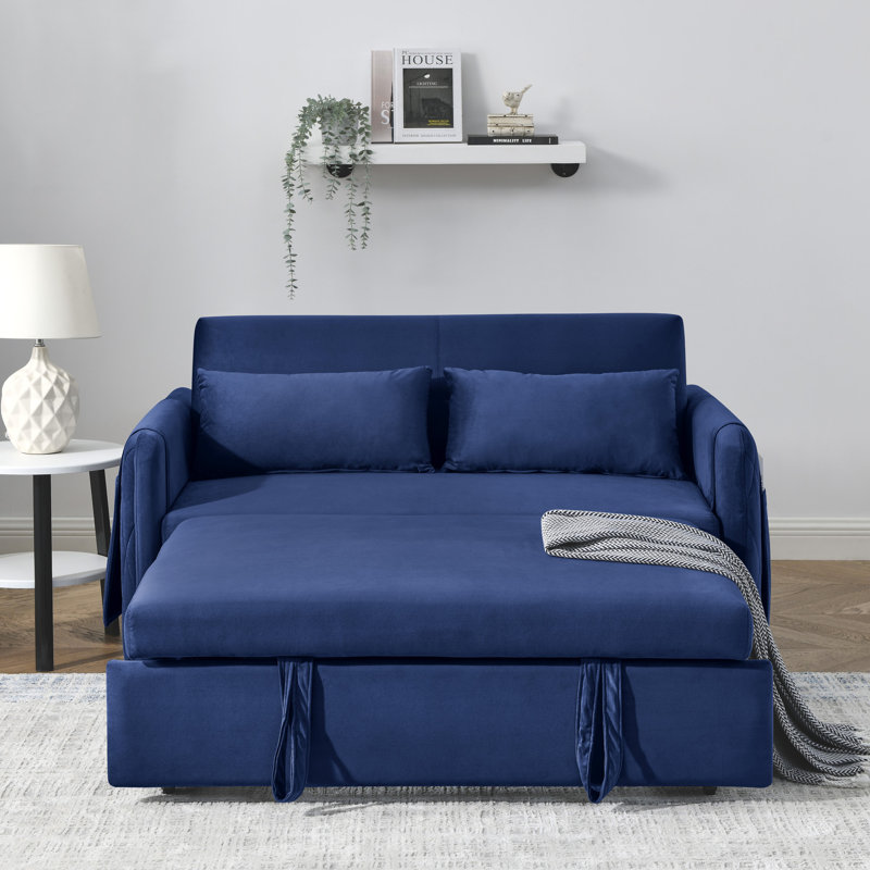 Canapé-lit convertible moderne de 55 po avec 2 poches pour accoudoirs amovibles, canapé-lit en velours avec lit escamotable, 2 coussins et dossier ajustables pour le salon, accoudoirs à motif quadrillé
