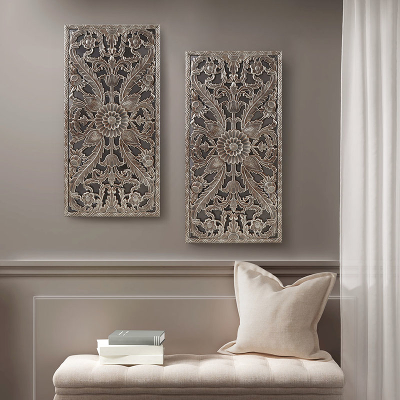 2 décorations murales murales - Fleur de lotus en bois vieilli couleur bronze d'intérieur l 15,75 "x H 31,5" P 0,59 "