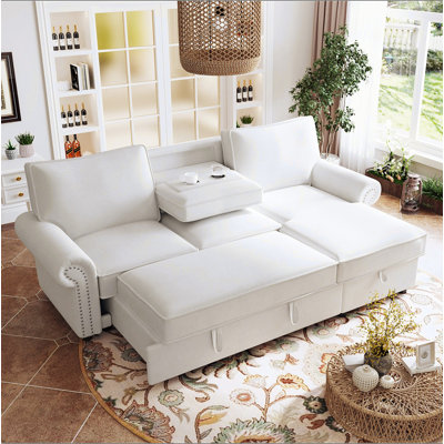 U_STYLE 95" Convertible Sectional Sleeper Sofa with Storage Chaise, Pull-Down Backrest with 2 Cup Holders, Arc Armrests with Nailhead Trim, Warp Knitting Polyester Fabric, Acacia Wood Frame